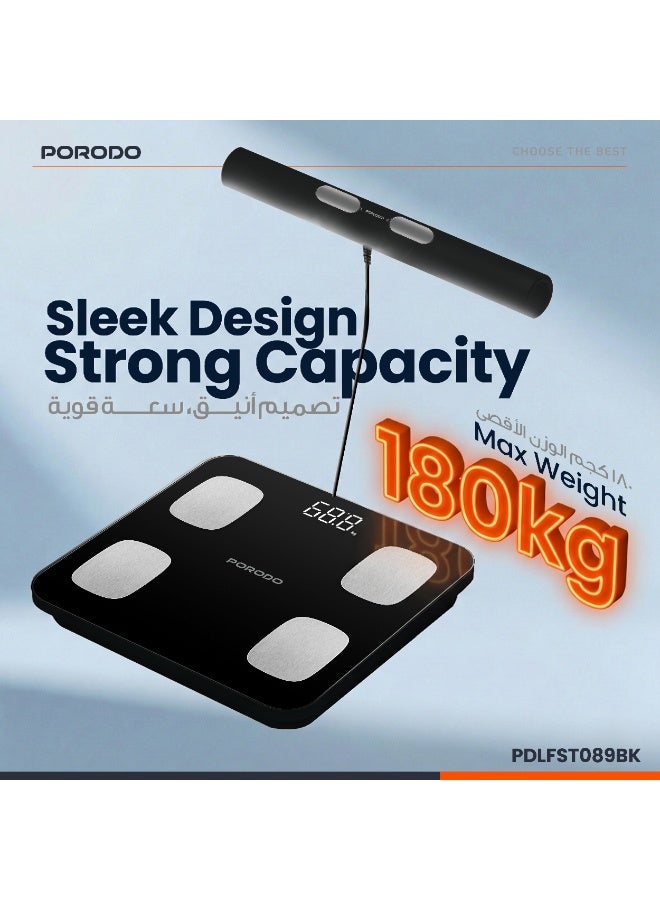 بورودو ميزان ذكي لتحليل نمط الحياة بدقة مزود بـ 8 أقطاب كهربائية دقيقة / أقصى وزن 180 كجم / درجة العافية / نسبة الدهون في الجسم / كثافة العظام / عضلات الجسم / مستوى الترطيب - أسود - Image 5